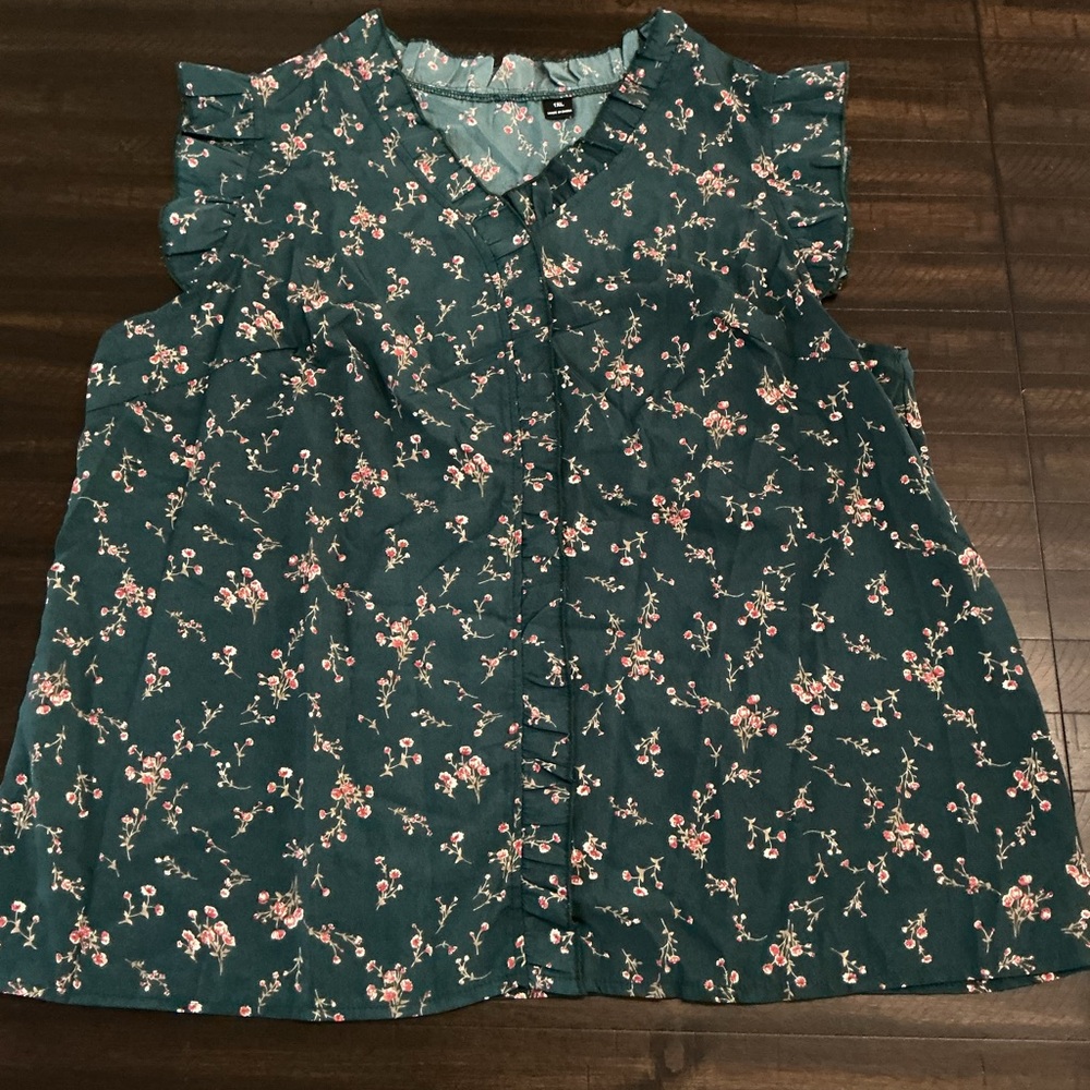 Floral Ruffle Sleeve Blouse - Green